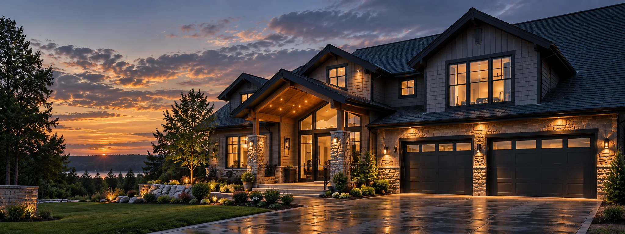 New England-style home exterior at dusk — decorative photo, not an MCG project